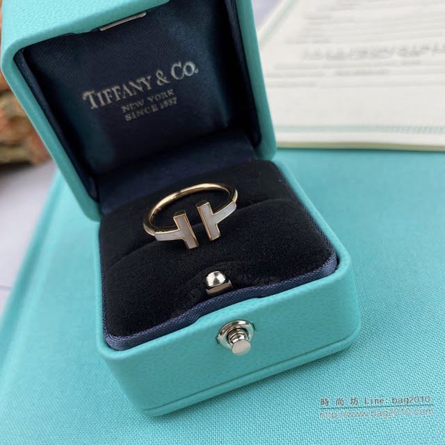 Tiffany飾品 蒂芙尼女士專櫃爆款T Square貝母雙t開口戒指 Tiffany鑲嵌白色珍珠母貝V金戒指  zgt1620
